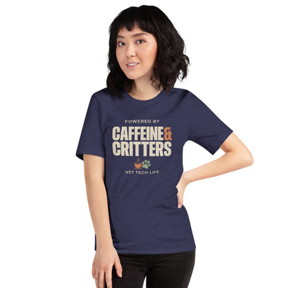 Powered by Caffeine & Critters funny vet tech tee — Heather Midnight Navy, on model