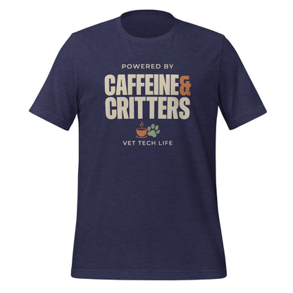 Powered by Caffeine & Critters funny vet tech tee — Heather Midnight Navy, front