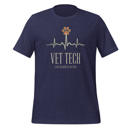 Every Heartbeat Matters minimalist vet tech tee — Heather Midnight Navy, front