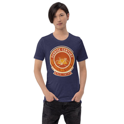 Sunrise Century C.C. retro cycling club badge t-shirt — Heather Midnight Navy, on model