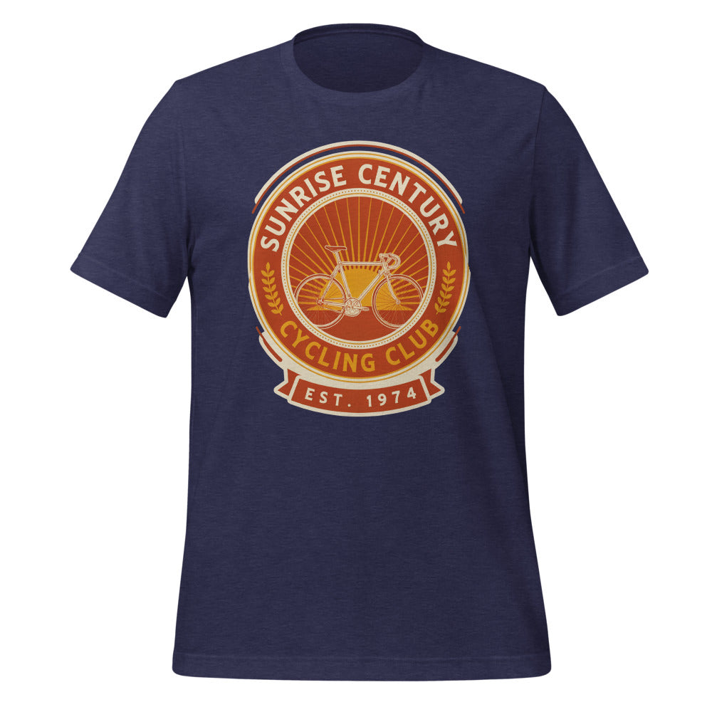 Sunrise Century C.C. retro cycling club badge t-shirt — Heather Midnight Navy, front