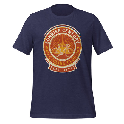 Sunrise Century C.C. retro cycling club badge t-shirt — Heather Midnight Navy, front