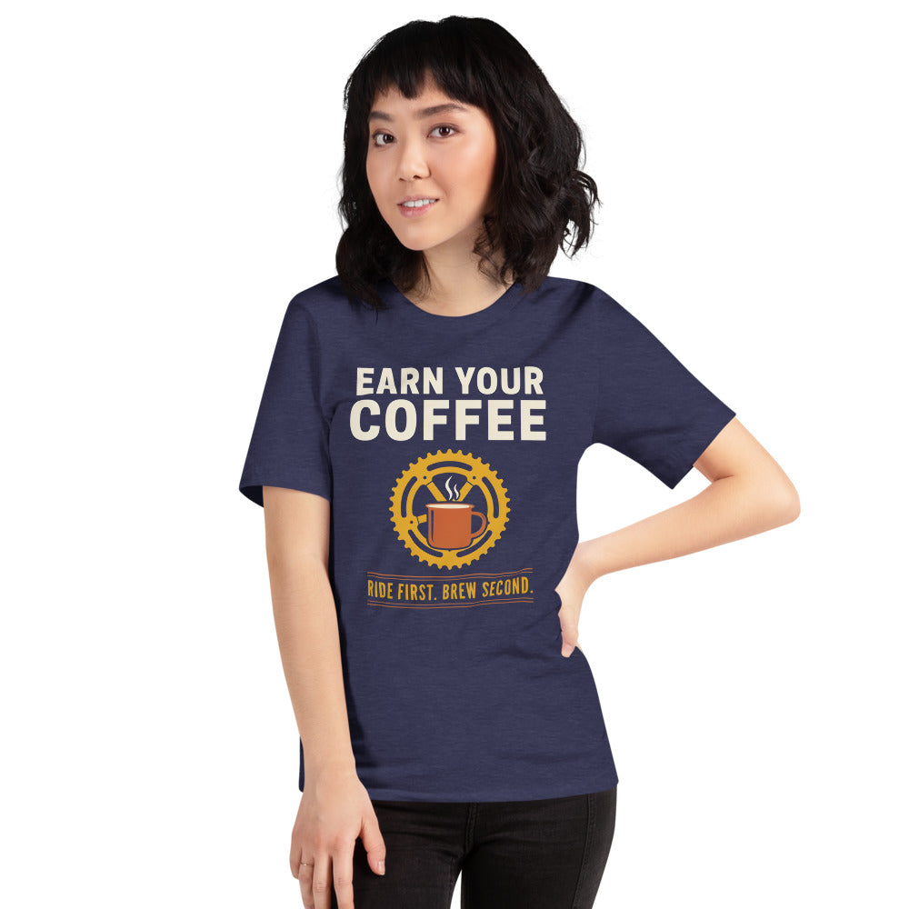 Earn Your Coffee retro cycling coffee t-shirt — Heather Midnight Navy, on model