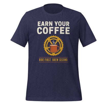 Earn Your Coffee retro cycling coffee t-shirt — Heather Midnight Navy, front