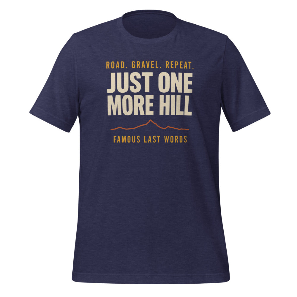 Just One More Hill retro cycling climb t-shirt — Heather Midnight Navy, front
