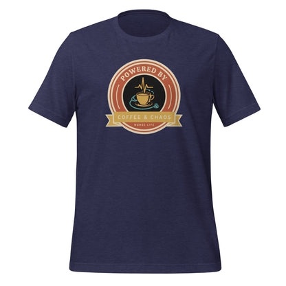 Powered by Coffee & Chaos retro nurse badge tee — Heather Midnight Navy, front