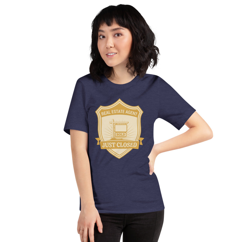 Just Closed real estate agent tee — Heather Midnight Navy, on model