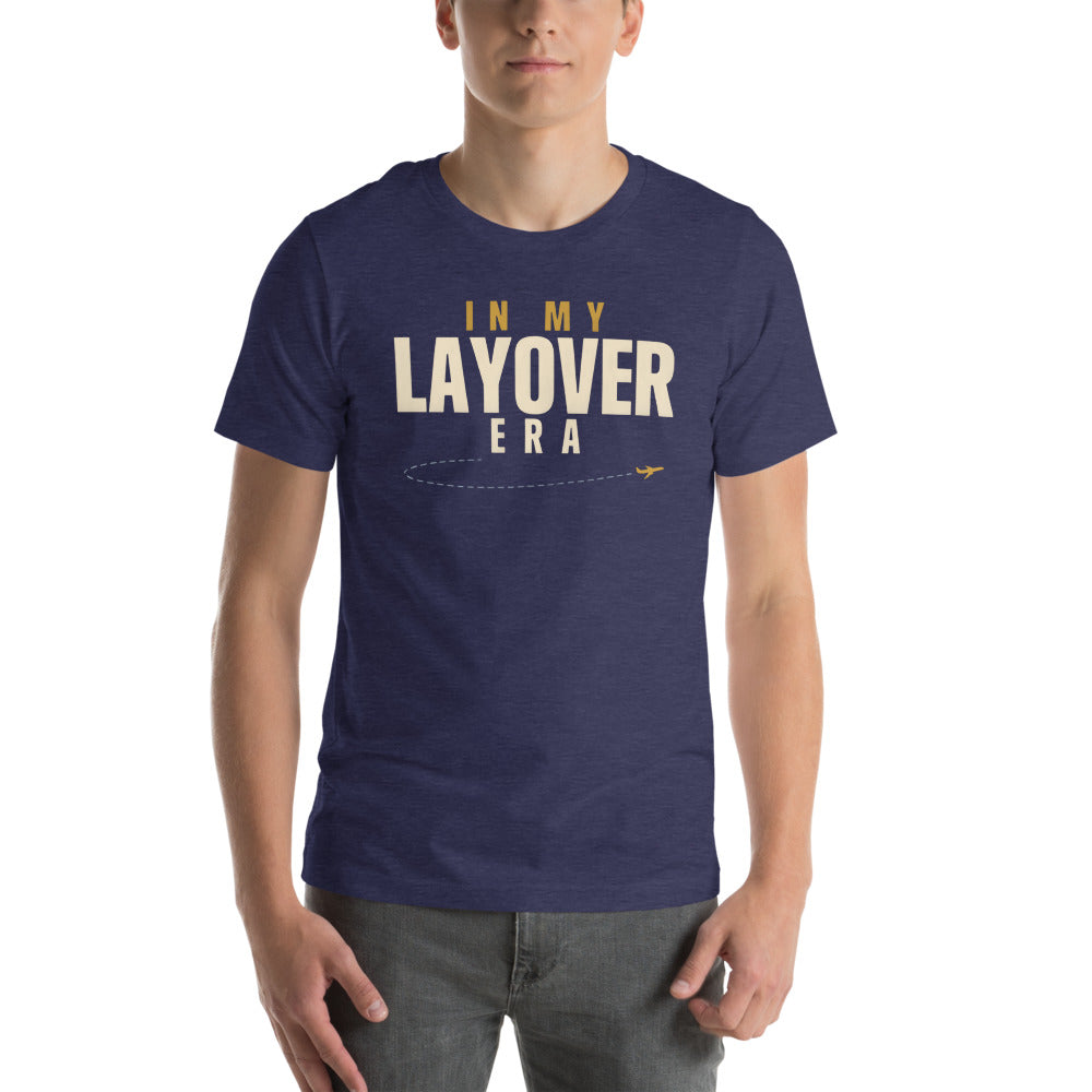 In My Layover Era flight attendant tee — Heather Midnight Navy, on model