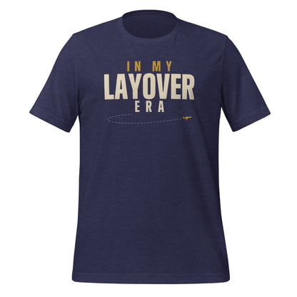 In My Layover Era flight attendant tee — Heather Midnight Navy, front