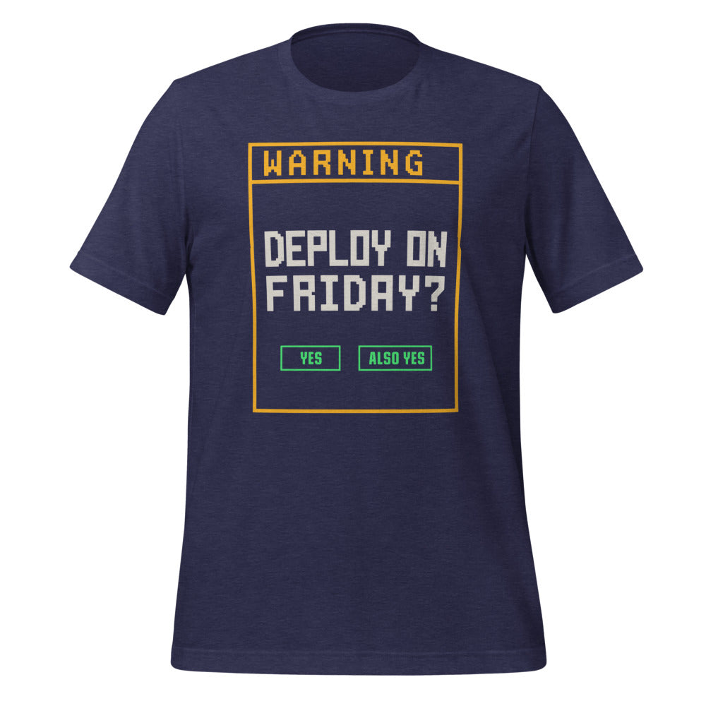 Deploy On Friday programmer tee — Heather Midnight Navy, front