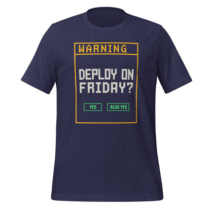 Deploy On Friday programmer tee — Heather Midnight Navy, front