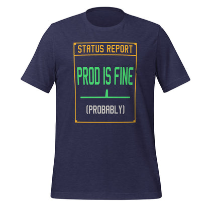Prod Is Fine programmer tee — Heather Midnight Navy, front
