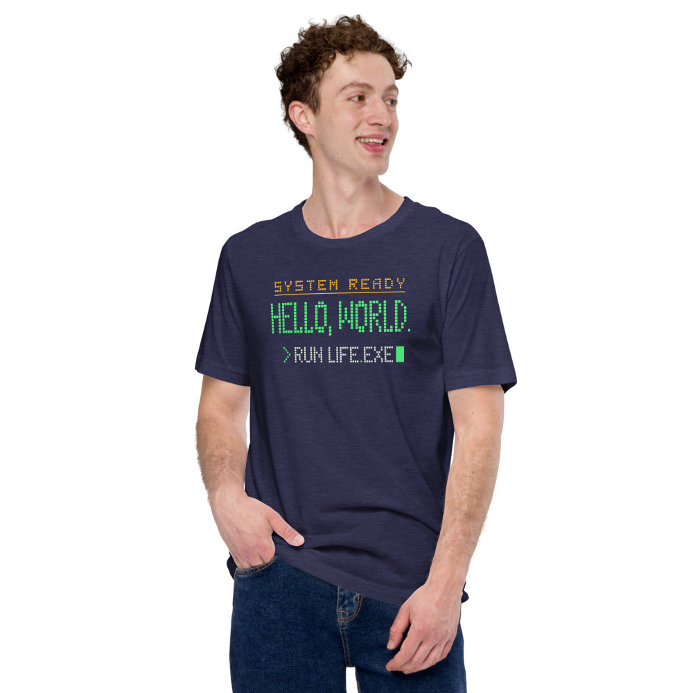 Hello World retro boot screen programmer tee — Heather Midnight Navy, on model