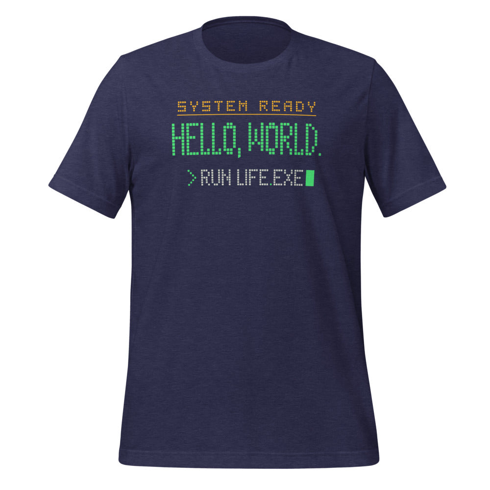Hello World retro boot screen programmer tee — Heather Midnight Navy, front