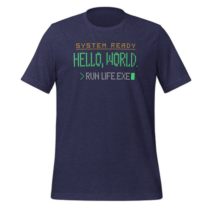 Hello World retro boot screen programmer tee — Heather Midnight Navy, front