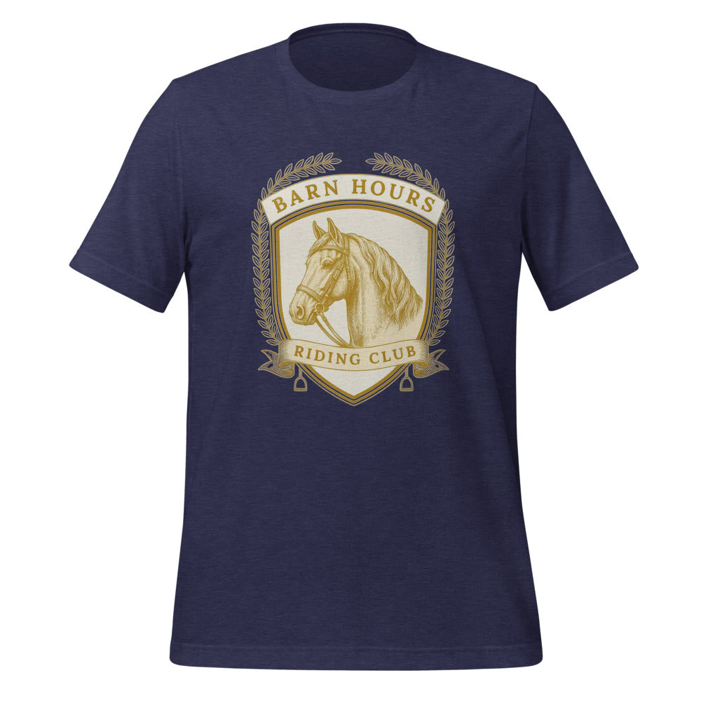 Barn Hours Riding Club vintage equestrian stable crest t-shirt — Heather Midnight Navy, front