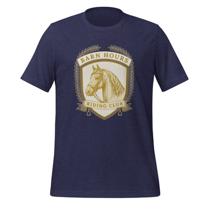 Barn Hours Riding Club vintage equestrian stable crest t-shirt — Heather Midnight Navy, front