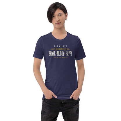 Broke Muddy Happy funny barn life equestrian t-shirt — Heather Midnight Navy, on model