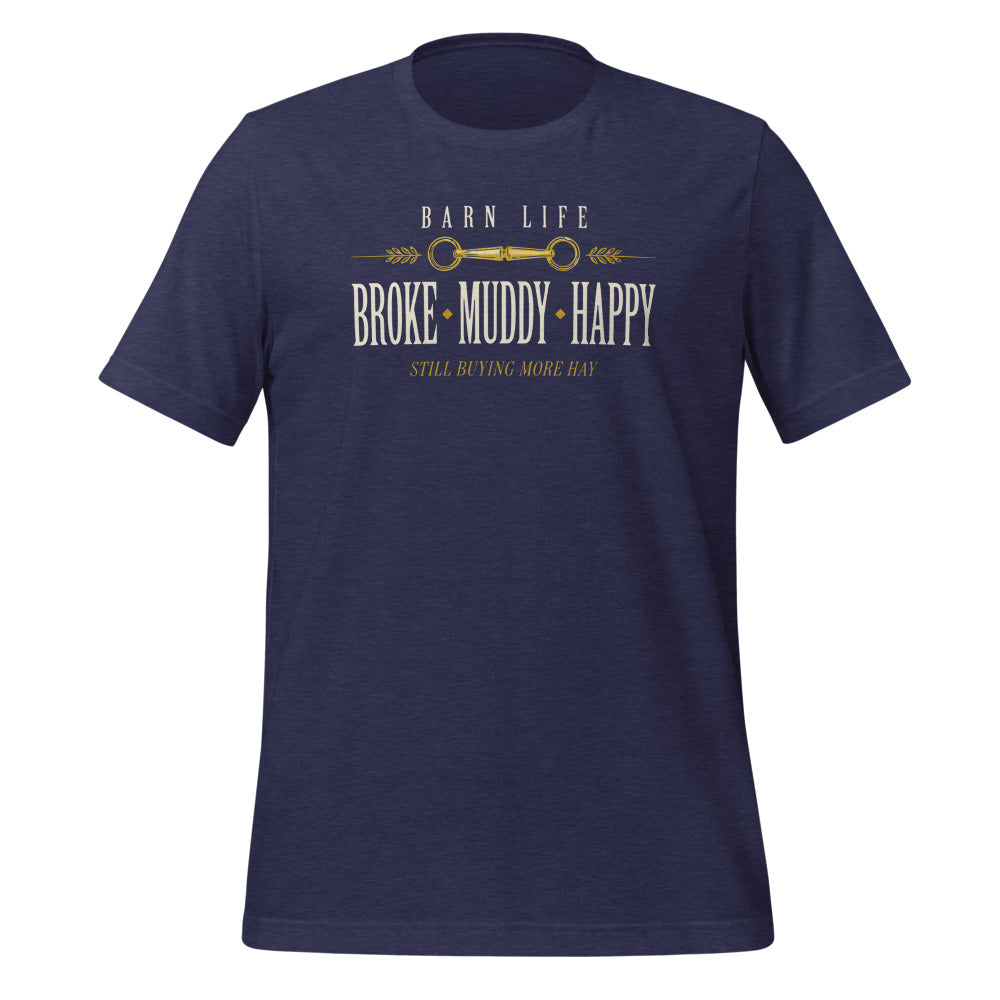 Broke Muddy Happy funny barn life equestrian t-shirt — Heather Midnight Navy, front