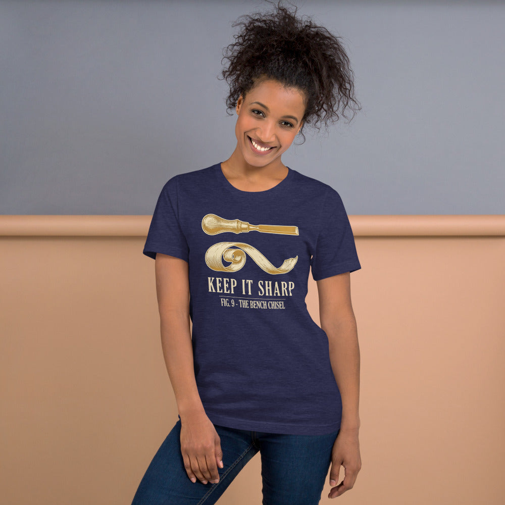Keep It Sharp woodworking tee — Heather Midnight Navy, on model