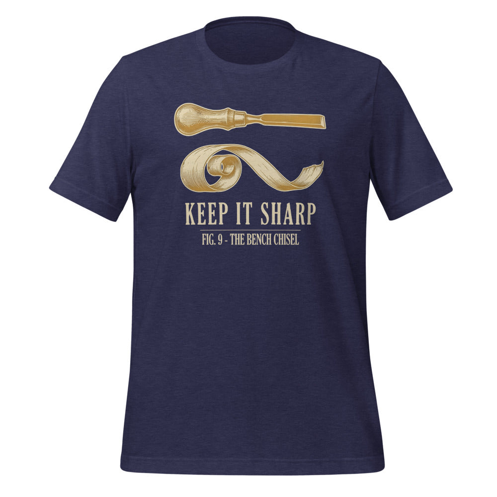 Keep It Sharp woodworking tee — Heather Midnight Navy, front