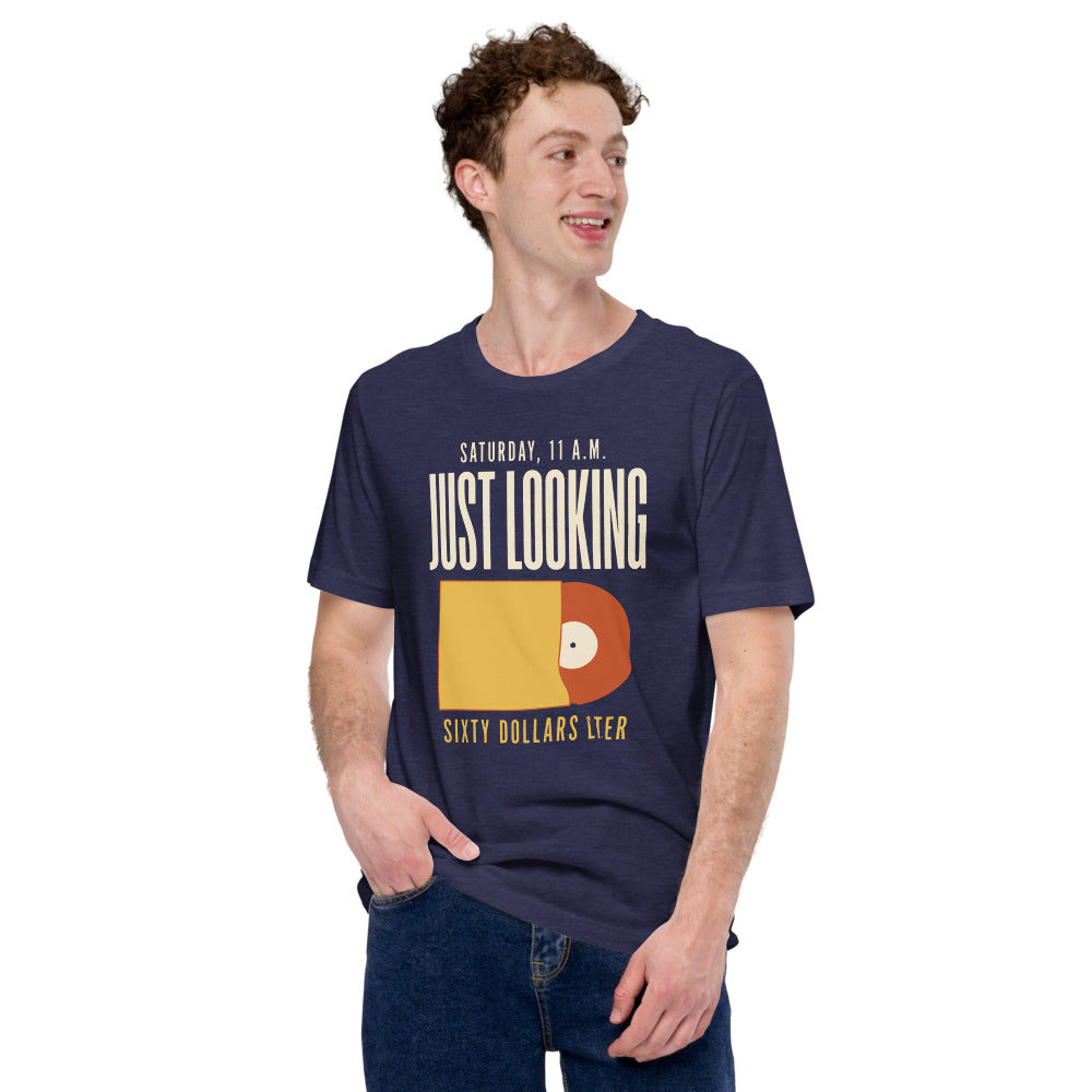 Just Looking Sixty Dollars Later vinyl record tee — Heather Midnight Navy, on model
