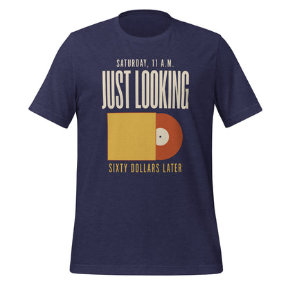 Just Looking Sixty Dollars Later vinyl record tee — Heather Midnight Navy, front