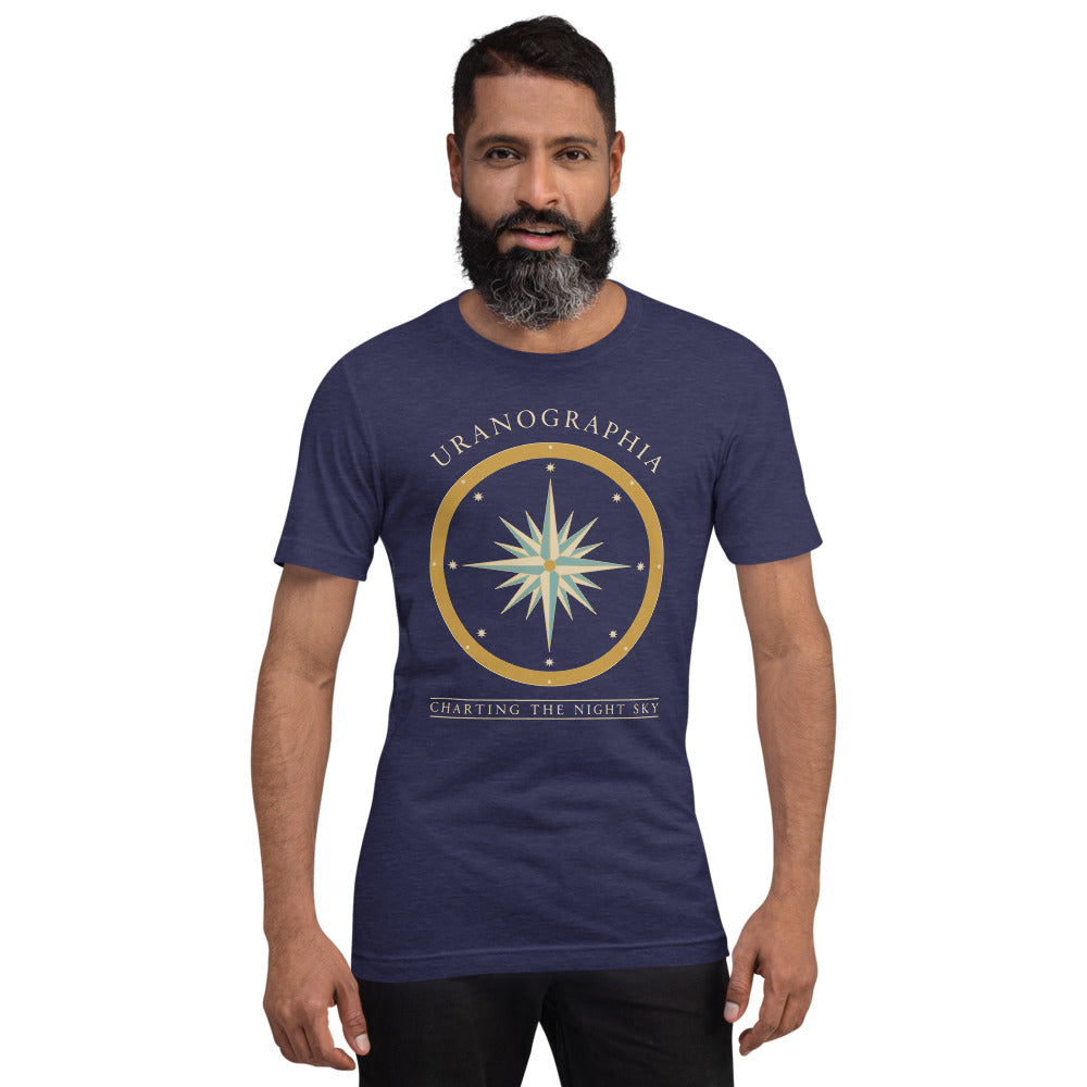 Uranographia vintage celestial chart astronomy tee — Heather Midnight Navy, on model
