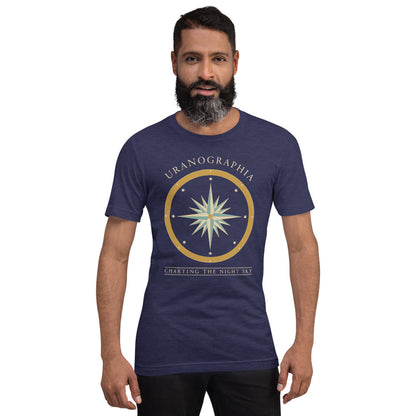 Uranographia vintage celestial chart astronomy tee — Heather Midnight Navy, on model