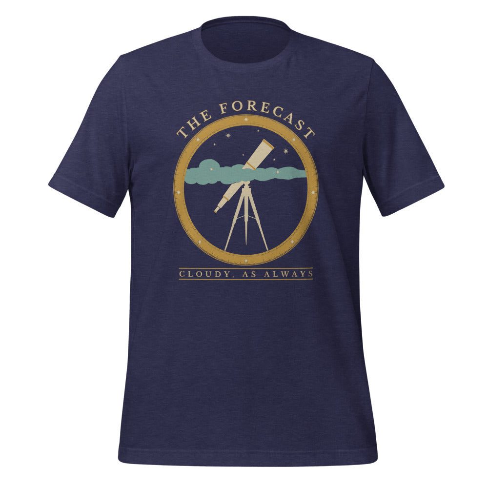 The Forecast Cloudy As Always funny astronomy tee — Heather Midnight Navy, front