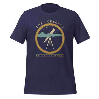 The Forecast Cloudy As Always funny astronomy tee — Heather Midnight Navy, front