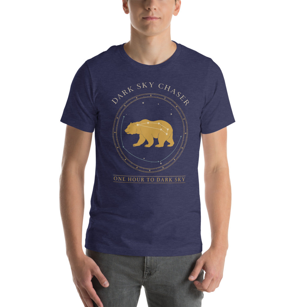 Dark Sky Chaser Ursa Major constellation astronomy tee — Heather Midnight Navy, on model