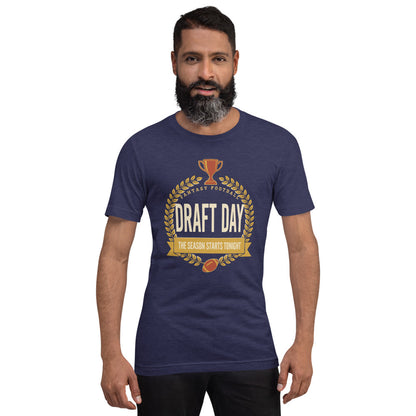 Draft Day Almanac vintage fantasy football draft tee — Heather Midnight Navy, on model