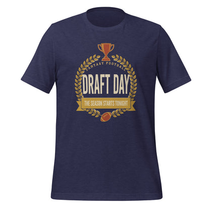 Draft Day Almanac vintage fantasy football draft tee — Heather Midnight Navy, front