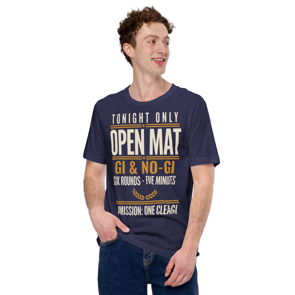 Open Mat Tonight Brazilian jiu jitsu t-shirt — Heather Midnight Navy, on model
