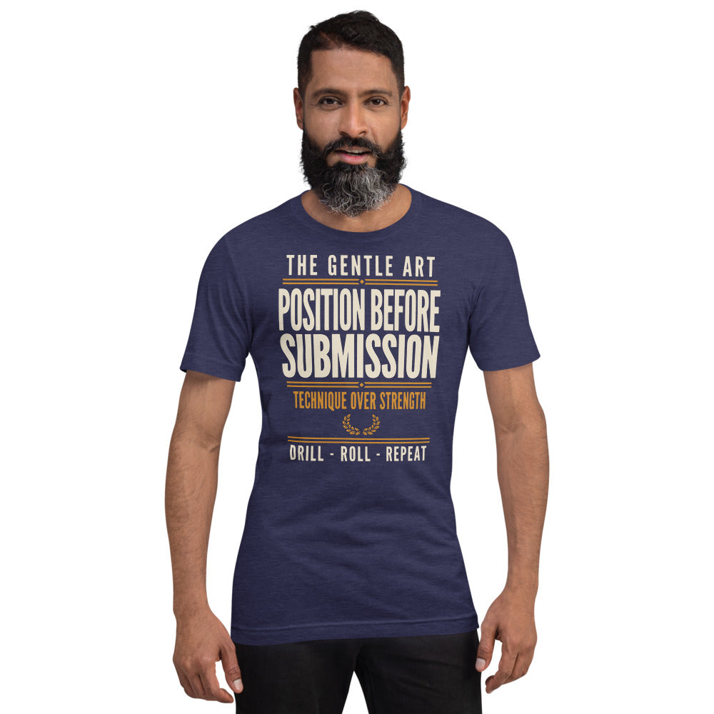 Position Before Submission Brazilian jiu jitsu t-shirt — Heather Midnight Navy, on model