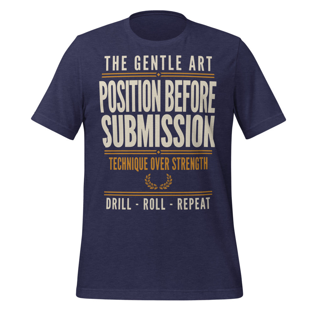 Position Before Submission Brazilian jiu jitsu t-shirt — Heather Midnight Navy, front