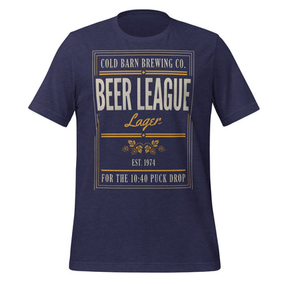 Beer League Cold Barn Brewing lager t-shirt — Heather Midnight Navy, front