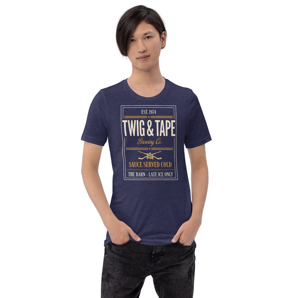 Twig and Tape Brewing Co. beer league hockey t-shirt — Heather Midnight Navy, on model