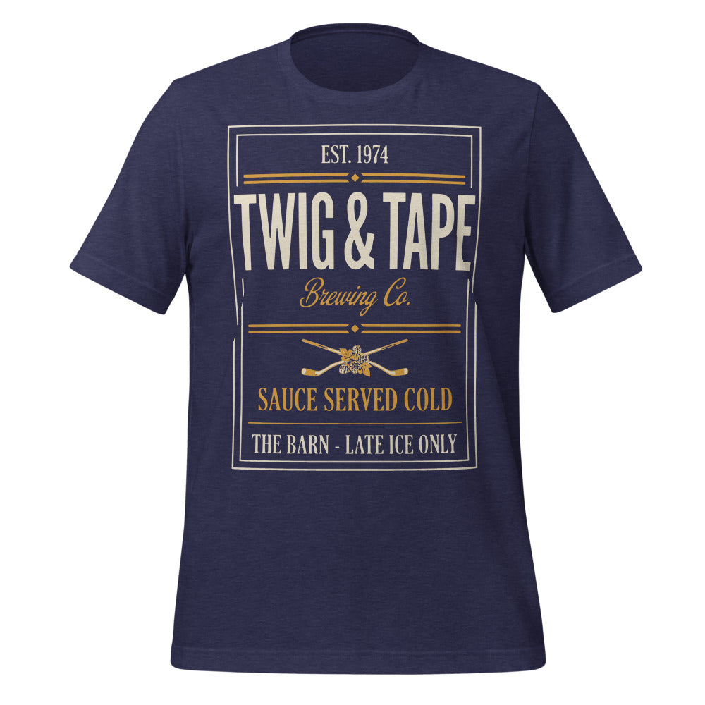 Twig and Tape Brewing Co. beer league hockey t-shirt — Heather Midnight Navy, front