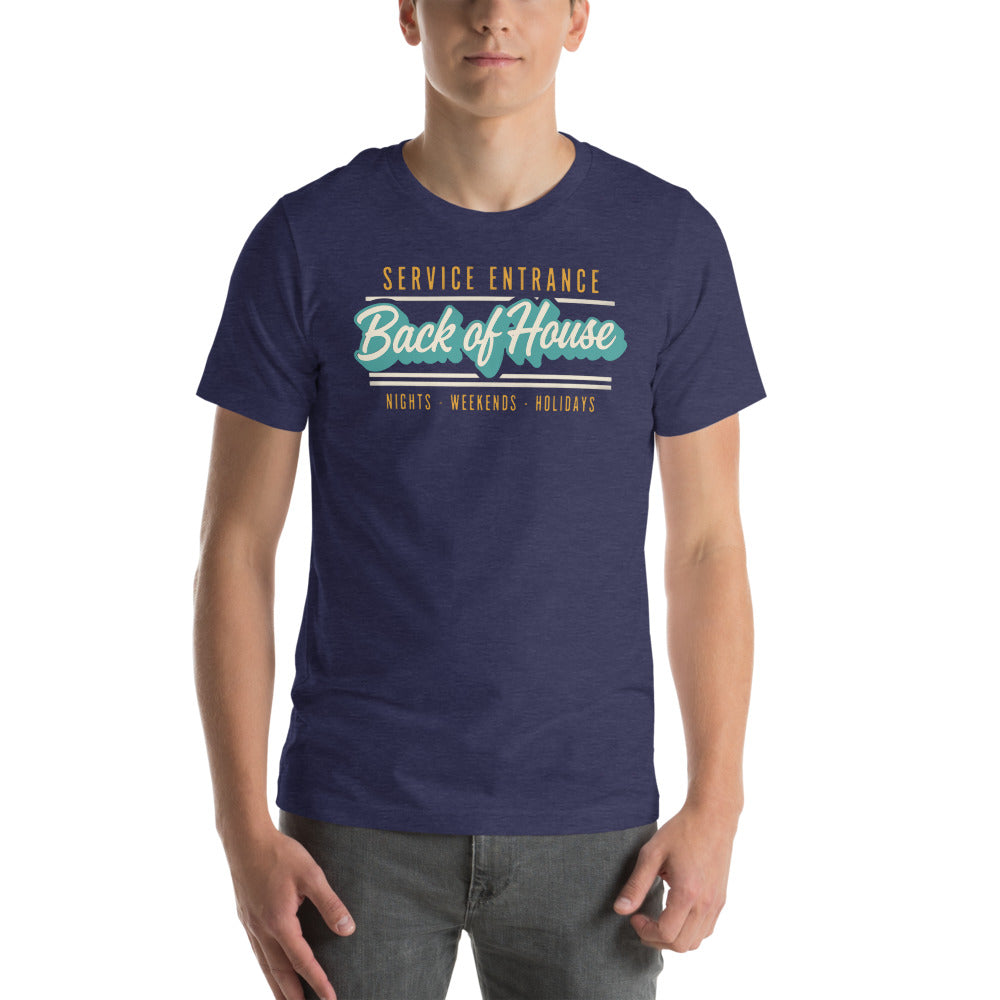 Line Cook Back of House retro diner service sign t-shirt — Heather Midnight Navy, on model