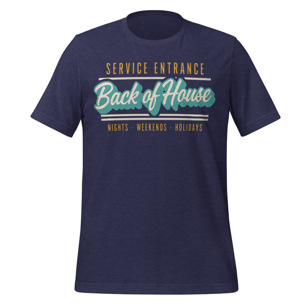 Line Cook Back of House retro diner service sign t-shirt — Heather Midnight Navy, front
