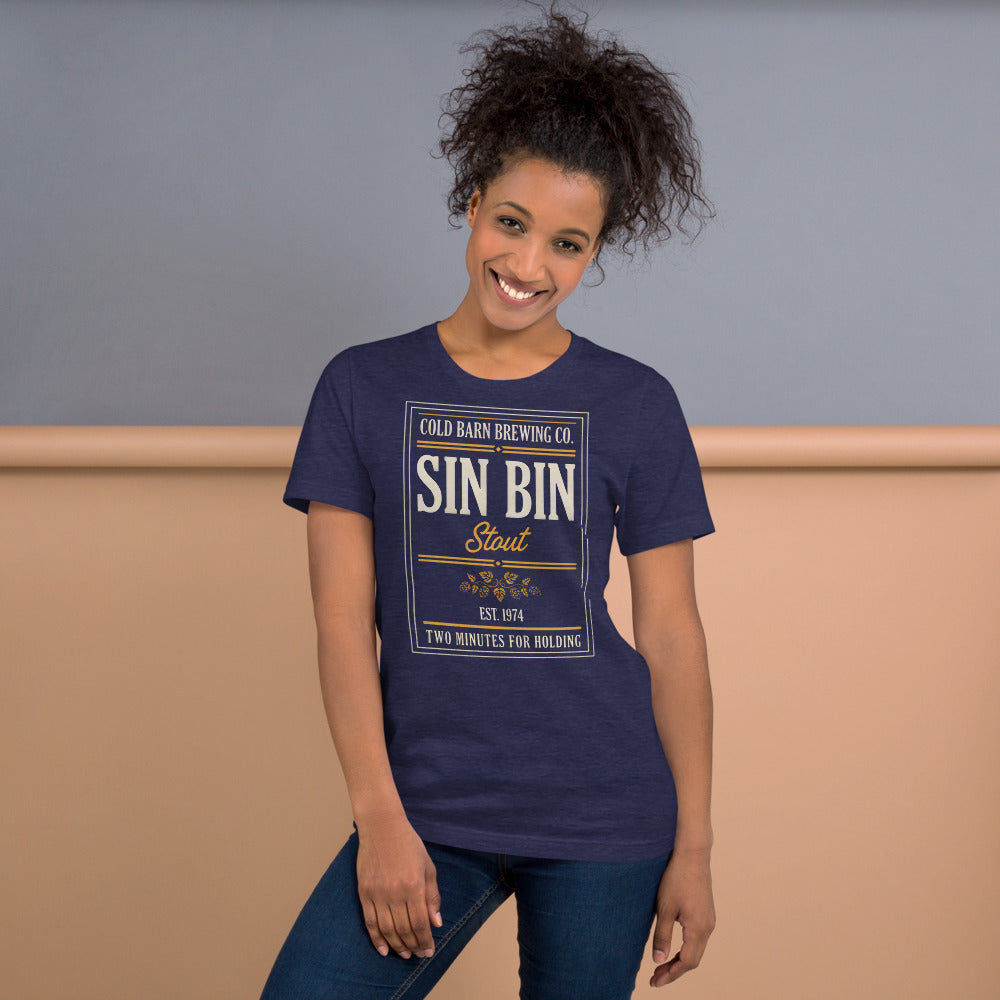 Beer League Sin Bin Stout brewery label t-shirt — Heather Midnight Navy, on model
