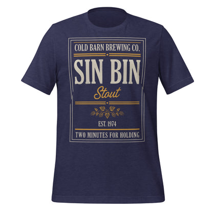 Beer League Sin Bin Stout brewery label t-shirt — Heather Midnight Navy, front