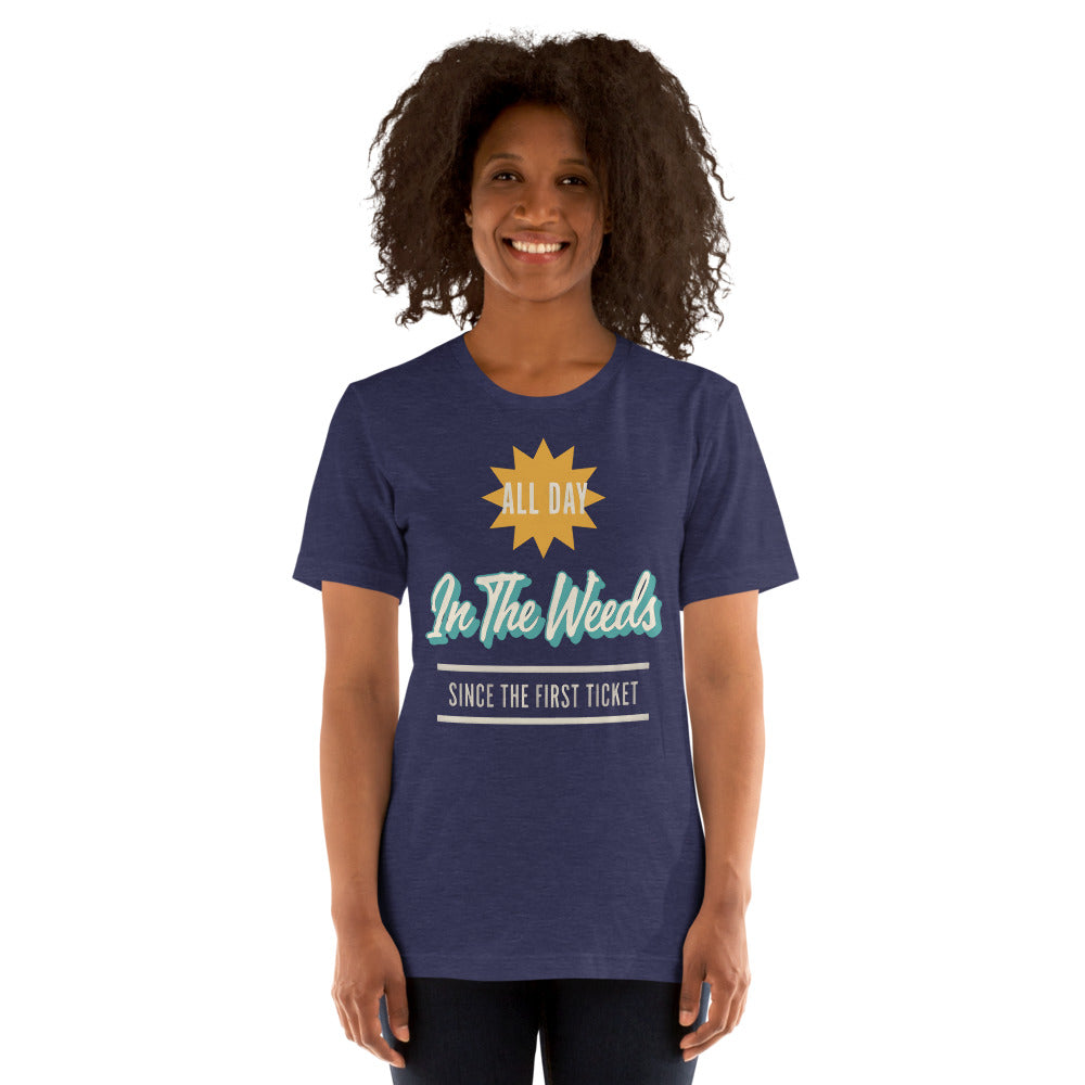 In The Weeds line cook retro diner service sign t-shirt — Heather Midnight Navy, on model