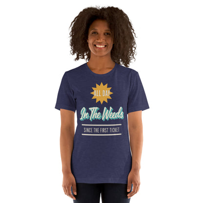 In The Weeds line cook retro diner service sign t-shirt — Heather Midnight Navy, on model