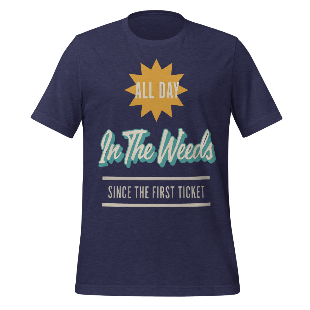 In The Weeds line cook retro diner service sign t-shirt — Heather Midnight Navy, front