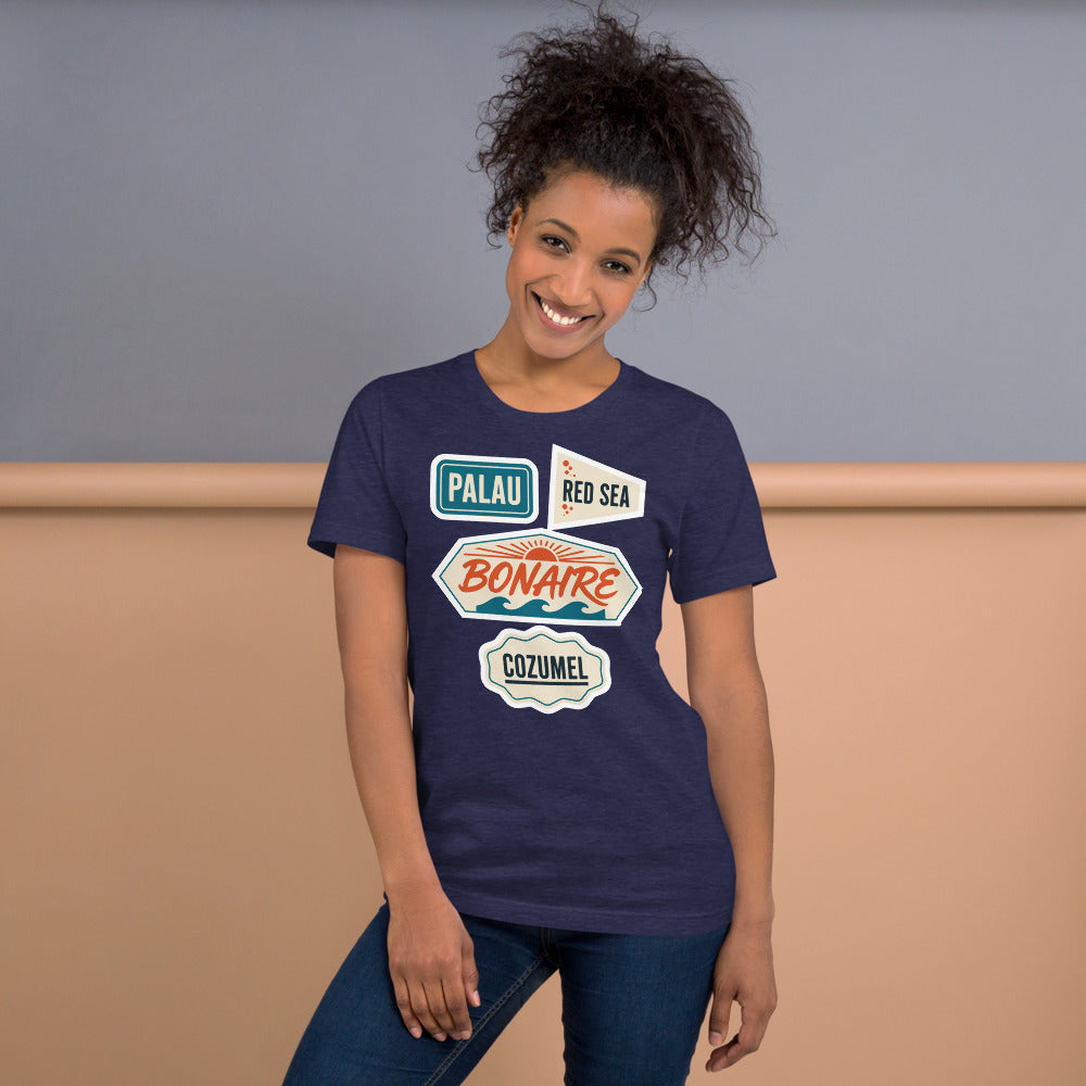 Vintage scuba diving dive sites travel decal t-shirt — Heather Midnight Navy, on model