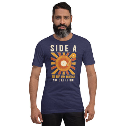 Side A No Skipping vinyl record tee — Heather Midnight Navy, on model