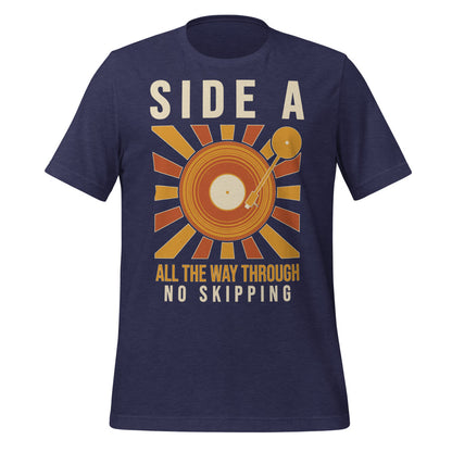 Side A No Skipping vinyl record tee — Heather Midnight Navy, front